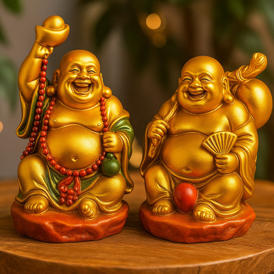 KARMA KREATION Laughing Buddha Pair – Symbol of Happiness, Wealth & Good luck (GET RANDOM PAIR) Decorative Showpiece  -  9 cm(Resin, Multicolor)