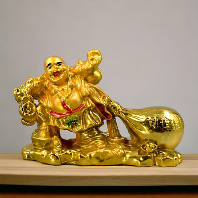 Pseudo Vastu Feng Shui Laughing Buddha Idol with Money Bag for Wealth and Good Luck Decorative Showpiece  -  6 cm(Resin, Gold)