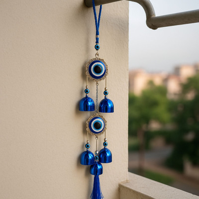 sculpmart Dual EvilEye Wind Chime Silver Frame & Hanging Chain Design For Door & Balcony Decorative Showpiece  -  35 cm(Metal, Silver)
