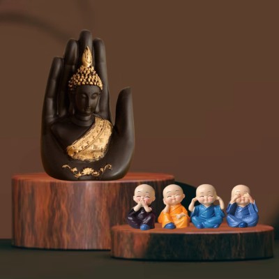 Baso Palm Budha/Hand Budha Combo with 4 Cute Monks Decorative Showpiece  -  17 cm(Polyresin, Multicolor)