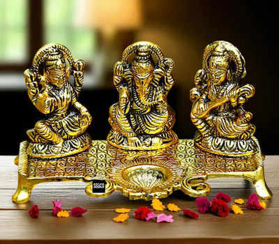 gn creation Lakshmi-Ganesha and Sarswati Brass Idol Set with Diya Decorative Showpiece  -  9 cm(Aluminium, Gold)