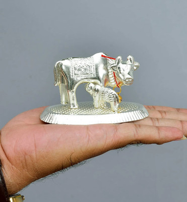 DARIDRA BHANJAN Silver Kamdhenu Cow And Calf Set In Small Size Decorative Showpiece Decorative Showpiece  -  10 cm(Aluminium, White)