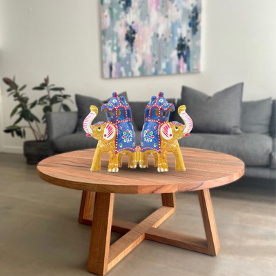 BAINADA INDUSTRIES Handcrafted Rajasthani Elephant With Howdah Figurine For Home Décor-Sky Blue Decorative Showpiece  -  12 cm(Paper Mache, Yellow)
