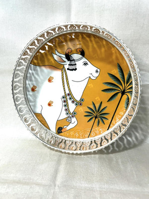 shiv ALASKA Handicrafts Round Tray Set of 1 Cow Pichai Tray Decorative Showpiece  -  6.5 cm(Silver, Multicolor)