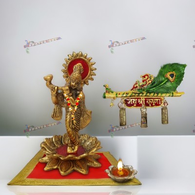 Bhavya Artifact Jay Shri Krishna Playing Bansuri Murti, Keychain Holder Wall Hanging Collectible Decorative Showpiece  -  14 cm(Metal, Aluminium, Fabric, Gold, Green, Multicolor, Red)