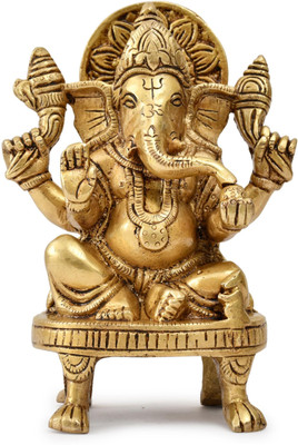 AARGKRAFT Brass Lord Ganesha Statue | Handcrafted Indian Religious Chowki Ganpati idol Decorative Showpiece  -  8.5 cm(Brass, Gold)