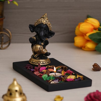 eCraftIndia Gold & Black Baal Ganesha Dancing Showpiece with Rectangle Wooden Base Decorative Showpiece  -  13 cm(Polyresin, Black)