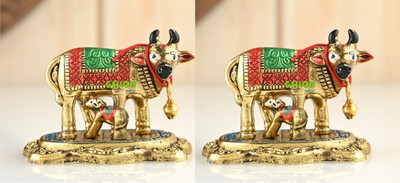 gellon Gellon 2 Pc Dai Casting Brass Kamdhenu Cow With Calf Statue Decorative Showpiece  -  6 cm(Brass, Multicolor)