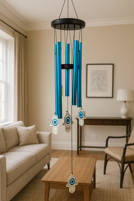 RADHE RADHE HUMSA EVIL EYE HANGING WALL HANGING WINDCHIMES FOR HOME OFFICE BALCONY GARDEN Decorative Showpiece  -  20 cm(Metal, Blue)