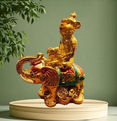 9tees Mart Vastu Fengshui Riding A Monkey On Golden Elephant For Strength, Dignity, Wisdom Decorative Showpiece  -  11 cm(Polyresin, Resin, Gold)