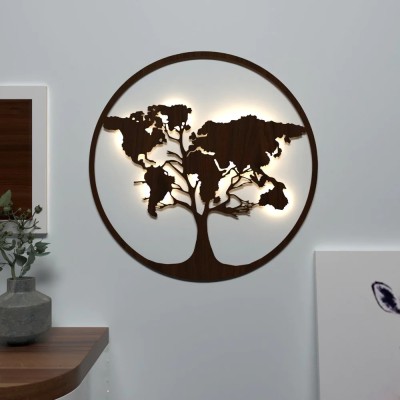Dekorstation Walnut World Map Tree Backlit Wall Art & Night Light for Indoor Wall Decoration Decorative Showpiece  -  51 cm(Wood, Brown)