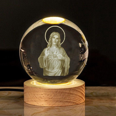 Lilone 3D Engraved Sacred Heart of Jesus Crystal Ball USB Lamp Decorative Showpiece  -  8 cm(Crystal, Clear)