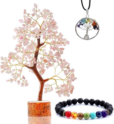 Sawcart Rose Quartz Crystal Stone Tree with 7 Chakra Tree of Life Pendant &Lava Bracelet Decorative Showpiece  -  30 cm(Crystal, Stone, Pink, Multicolor)