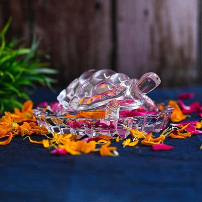 DARIDRA BHANJAN Crystal Turtle Tortoise with Plate for Good Luck Vastu Feng Shui Decorative Showpiece  -  4 cm(Crystal, White)