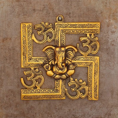 WORLDOFCRAFT Swastik Ganesh Wall Hanging Statue|Lord Swastik Ganesh Wall Sculpture|Indian Art Decorative Showpiece  -  21 cm(Metal, Gold)