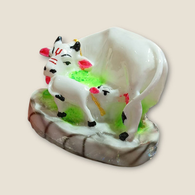 Shri Nityanand Poshak Bhandar Cow N Calf Idol Kamdhenu Cow and Calf Statue Decorative Showpiece  -  5 cm(Fiber, Multicolor)