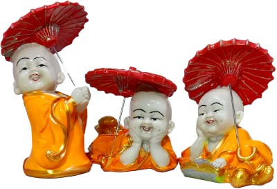 G LOOKS Beautiful Monk Statue Set of 3 with Umbrella for Home Decorative Decorative Showpiece  -  20 cm(Polyresin, Orange)