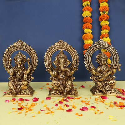 utsavicraft Traditional Tri Goddess Laxmi Ganesh Saraswati Statues Decorative Showpiece  -  21 cm(Brass, Gold)