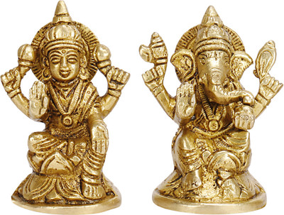 utsavicraft Handmade Exquisite Mata Lakshmi Ganesh Idols Decorative Showpiece  -  8 cm(Brass, Gold)