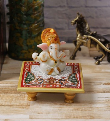 eCraftIndia Lord Ganesha with Crown on Marble Chowki Decorative Showpiece  -  10 cm(Marble, White, Red)