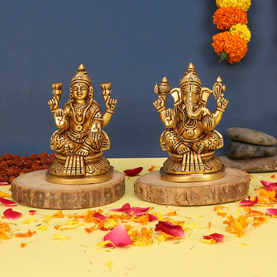 utsavicraft Traditional Superfine Maa Laxmi Sri Ganesh Statue Decorative Showpiece  -  11 cm(Brass, Gold)