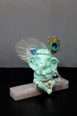 Elunique Lord skyblue Ganesha with Diya Decorative Showpiece  -  16.51 cm(Silver Plated, Resin, Stone, Light Green)