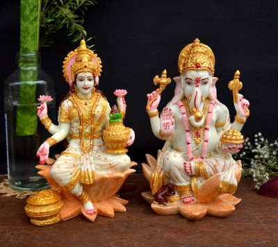 shri balaji craft 8 Inches Marble Dust Attractive Ganesh Lakshmi Ji Set for Diwali Pooja I Decorative Showpiece  -  20 cm(Resin, Multicolor)