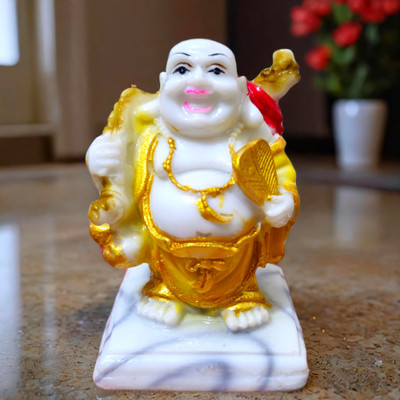CUGONA Laughing Buddha Statue with Potli and Fan 4 Inch Happy Man- Home Decor and Gift Decorative Showpiece  -  10 cm(Polyresin, Yellow, Gold)