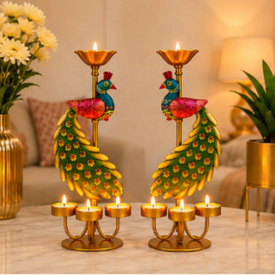 MAA BHAWANI HANDICRAFTS MAA BHAWANI HANDICRAFTS Peacock T Light Candle Holder Decorative Showpiece  -  30.5 cm(Iron, Multicolor)
