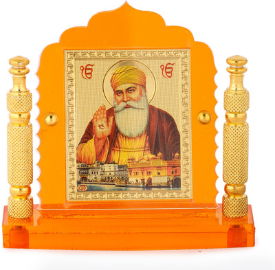 Divine Collections Guru Nanak Dev Ji Gold Plated Photo with Engraved Brass Pillars Decorative Showpiece  -  19 cm(Glass, Orange)