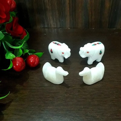 KRAFT CLOUDS Small Marble Elephant (2Pc) with Duck (2Pc) Sculpture Figurines Idol Set of 4 Pc Decorative Showpiece  -  3 cm(Stone, White)