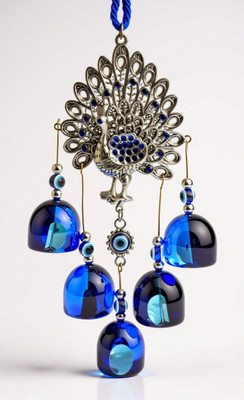 THEGSHOP Metal Evil Eye Hanging Peacock Decoration Items for Home House Entrance Decorative Showpiece  -  14 cm(Plastic, Blue)