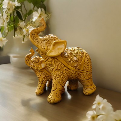 D K MART Charming Elephant with Baby Showpiece for Home Decoration Office Gift Purpose Decorative Showpiece  -  15 cm(Resin, Yellow)