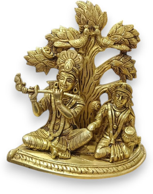 SJL Radha Krishna Under Tree/Lord Radha Krishna Sitting Under Tree Playing Flute Decorative Showpiece  -  20 cm(Brass, Gold)