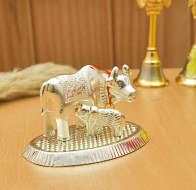 DARIDRA BHANJAN Metal Kamdhenu Cow And Calf For Home Decor And Puja Gift Item Decorative Showpiece  -  5 cm(Metal, Silver)