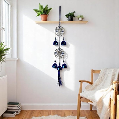 GIFT VIBE Tree of Life with Bell Wind Chime NAZAR BATTU EVIL EYE HANGING FOR HOME Decorative Showpiece  -  15 cm(Metal, Blue)