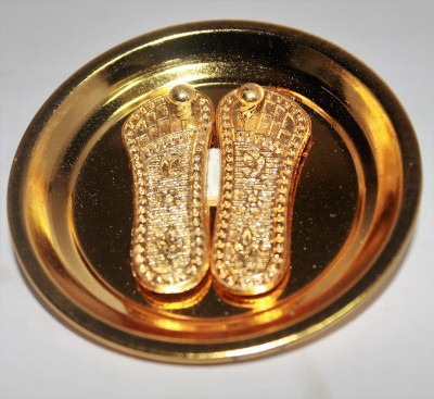 wiffo Maa Lakshmi Footprint/Charan Paduka on Plate for Laxmi Pooja Diwali Decorative Showpiece  -  3 cm(Brass, Gold)