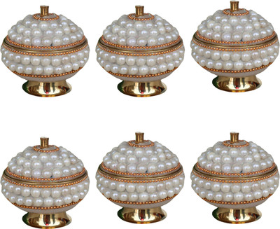 salvusappsolutions Combo of 6 Brass Moti Sindoor Dani – White Kumkum Box for Pooja & Gift Decorative Showpiece  -  5.5 cm(Brass, Gold, White)