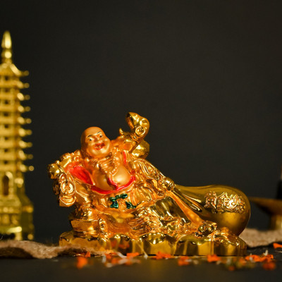 Spiricon Feng Shui/Vastu Laughing Buddha with Potli for Wealth & Success Decorative Showpiece  -  7 cm(Resin, Gold)
