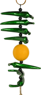 Spiricon Nimbu Mirchi Nazar Battu – Green Glass Lemon & Chilli Hanging with Bells Decorative Showpiece  -  24 cm(Metal, Green, Yellow)