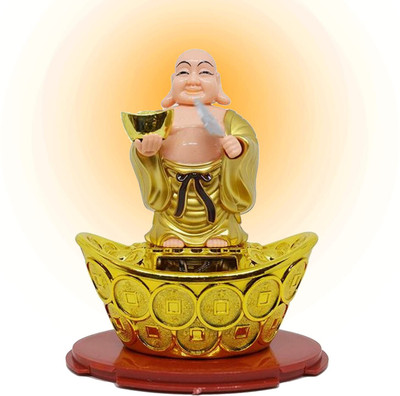 Pnoted PNOTED Solar Laughing Buddha Waving Fan & Moving Head for Feng Shui Showpiece Decorative Showpiece  -  14 cm(Plastic, Gold)