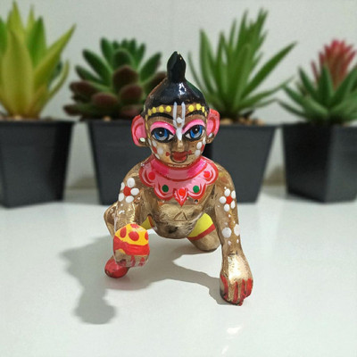 Shri Nityanand Poshak Bhandar Vrindavan Laddu Gopal Idol – Size No. 3, Full Colour, Pure Brass Decorative Showpiece  -  8 cm(Brass, Gold)