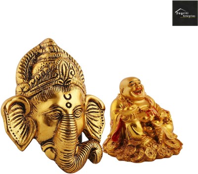 jagriti enterprise Ganesh Bhagwan Face&Laughing Buddha Holding Wealth Coin IngotsStatue wall hang Decorative Showpiece  -  11.5 cm(Polyresin, Metal, Gold, Gold)