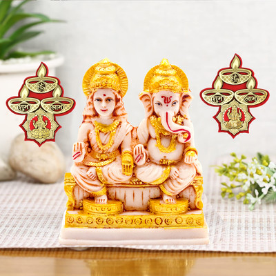 NOKTUS Golden Finish Laxmi Ganesh idol for pooja room | Lakshmi Ganesha Sticker Decorative Showpiece  -  12 cm(Clay, Gold)