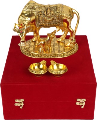 GIFTCITY Golden Kamdhenu Cow With Calf And 2 Piece, Vastu, Home Decor Diya Pack of 1 Decorative Showpiece  -  16 cm(Metal, Gold Plated, Gold)