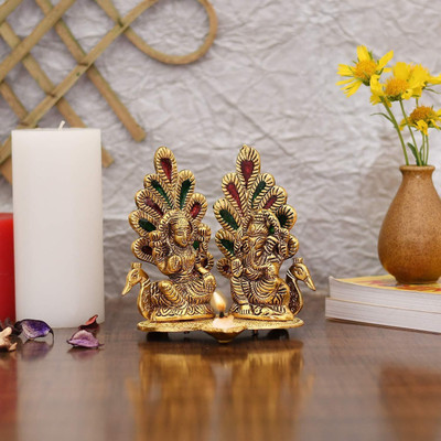 Orana International Peacock Throne Lakshmi Ganesh Idol Decorative Showpiece  -  10 cm(Brass, Gold)