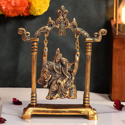 WORLDOFCRAFT Radha Krishna on Swing Jhula Statue Home & Office | Religious Idol Gift ArOticle Decorative Showpiece  -  19 cm(Metal, Gold)