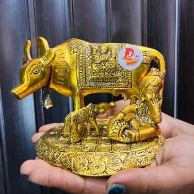 DARIDRA BHANJAN Metal God Printed Cow and Calf with Little Krishna Statue I Living Room Decorative Showpiece  -  14 cm(Marble, Gold)