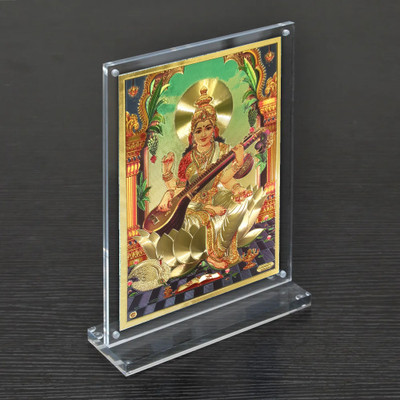 HAWAI Gold Plated Goddess Saraswati Photo with Acrylic Frame(8x5.8 in) Religious Frame