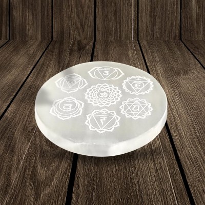 VIBESLE Natural Selenite Charging Plate II Seven Chakra Symbols & Meditative State Decorative Showpiece  -  4 cm(Stone, White)